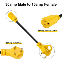 Load image into Gallery viewer, RA-AP01 Dog Bone RV Adaptor 30amp Male to 15amp Female 12&quot; 12AWG/3 Cord