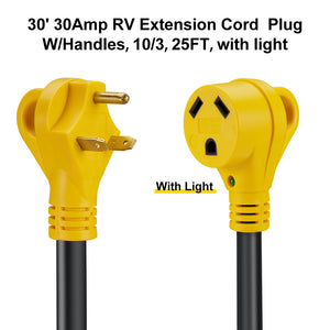 RA-AP12 30' 30Amp RV Extension Cord  Plug with Handles，10/3，25FT, With Light