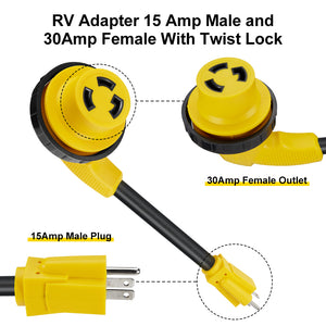 RA- AP029 12" RV Electrical Adapter 15A male to 30A female with right angle twist lock, 10AWG