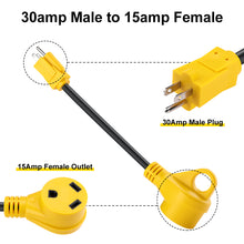 Load image into Gallery viewer, RA-AP02 Dog Bone RV Adaptor 15amp Male to 30amp Female 12&quot; 12AWG/3 Cord With Handles